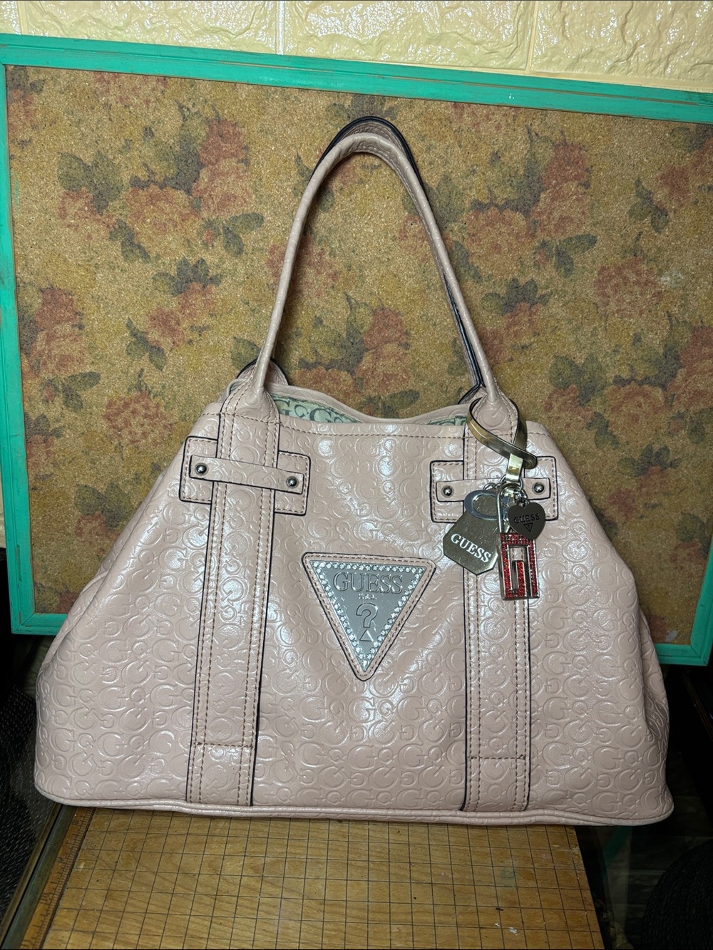 GUESS Soft Dusty Pink Tote Bag Silver Triangle Rhinestones w Charms
